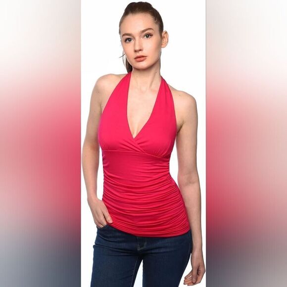 AmélieBoutik Women Halter V Neck Crossover Empire Waist Ruched Sides Sleeveless - Picture 1 of 9